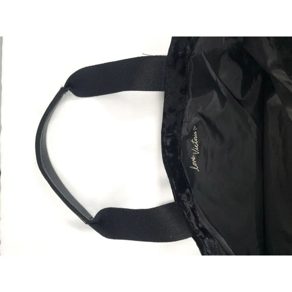 Women's Victoria's Secret Tote Bag Black Quilted Velvet Medium Shoulder Straps‎
